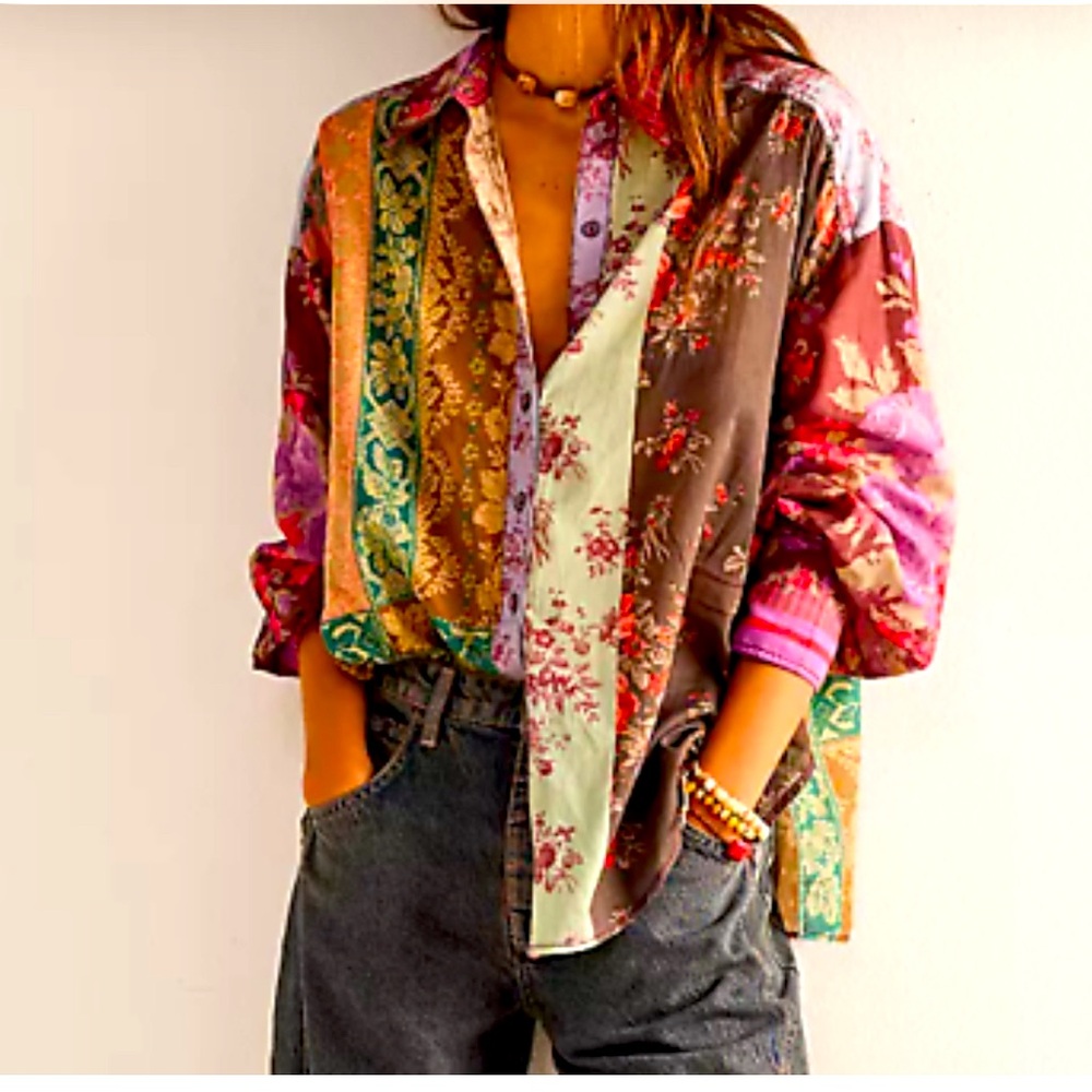 Free People Multicolor Patchwork Button Down Shirt - image 1